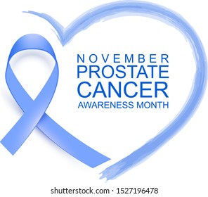 November prostate cancer awareness month blue ribbon heart shape symbol support campaign. Isolated on white vector illustration