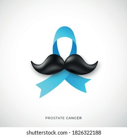 November Prostate cancer awareness month. Awareness blue ribbon and mustache sign. Stock vector illustration.