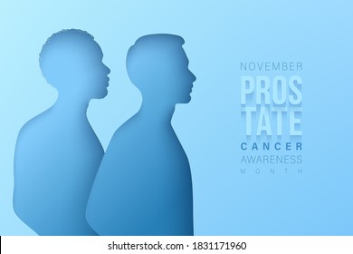 November prostate cancer awareness month. Paper cut black man and white man silhouettes on a blue backdrop. Men healthcare concept