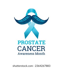 November, prostate cancer awareness month poster with blue ribbon and men moustache. Symbol of male health, oncology treatment and prevention. Vector banner with ribbon and hand drawn mustache