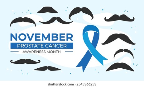 November prostate cancer awareness month. Blue ribbon and moustaches. Men health symbol. Men cancer prevention. Struggle with cancer