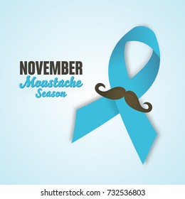 November Prostate Cancer Awareness Month Design with Blue Ribbon and Mustache. Men Healthcare Concept