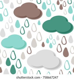 November rain. Seamless vector pattern with clouds and drops.