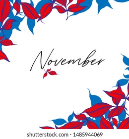 November script word in a social media post or banner design template with autumn leaves. Vector illustration for poster, postcard, greeting card, invitation template. Concept November advertising.
