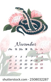 November serpent calendar with exotic pink protea Vector illustration template for 2025 Year of Snake Layout with rare flowers composition and symbol of Chinese new year. Typography for print