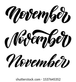 November, set of three minimalistic black and white vector scripts with decorative maple leaves elements. Hand drawn brush lettering for autumn events, posters, calendars, invitations, stickers, cards