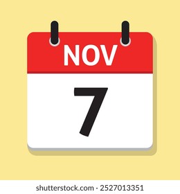 7 de noviembre. 7 de noviembre. Calendario diario en Vector de diseño plano. Ilustración del día. Concepto de tiempo. Icono de fecha. Mes.