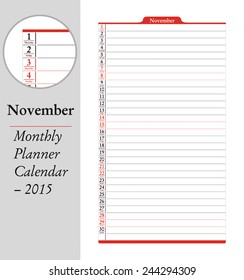 November sheet in an english 2015 Calendar with monthly planner