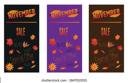 November shopping sale banner. Special offer frame. Autumn colors set with leaves.