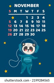 November. Space calendar planner 2023. Weekly scheduling, planets, space objects. Week starts on Sunday. Panda astronaut