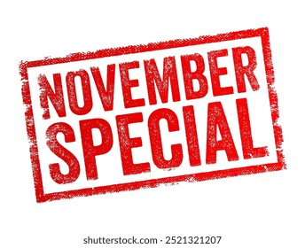 November Special - refers to a special offer, promotion, or event that takes place during the month of November, text concept stamp