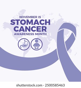 November is Stomach Cancer Awareness Month poster vector illustration. Lavender-blue awareness ribbon, stomach, abdominal pain icon set vector. Template for background, banner, card. Important day