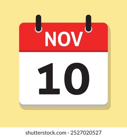 10 de noviembre. 10 de noviembre. Calendario diario en Vector de diseño plano. Ilustración del día. Concepto de tiempo. Icono de fecha. Mes.