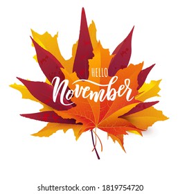 November text. Hand lettering typography with bright autumn leaves. Vector illustration as poster, postcard, greeting card, invitation template. Concept November advertising