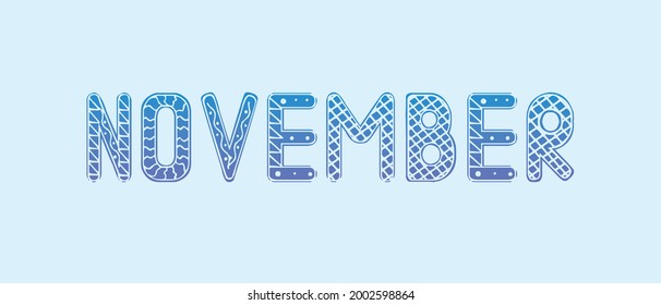 November text isolated. Vector stock illustration. Autumn month November as lettering. Text card. Blue letters for calendar, banner, diary. Illustration for design