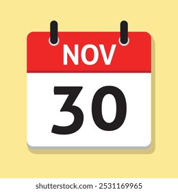 Treinta de noviembre. 30 de noviembre. Calendario diario en Vector de diseño plano. Concepto de tiempo. Ilustración del día. Icono de fecha. Mes.