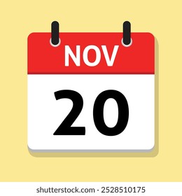 November Twentieth. Nov 20th. Daily Calendar in Flat Design Vector. Day Illustration. Date Icon. Time Concept. Month.