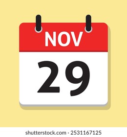 29 de noviembre. 29 de noviembre. Calendario diario en Vector de diseño plano. Concepto de tiempo. Ilustración del día. Icono de fecha. Mes.