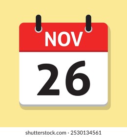 26 de noviembre. 26 de noviembre. Calendario diario en Vector de diseño plano. Ilustración del día. Icono de fecha. Mes. Concepto de tiempo.