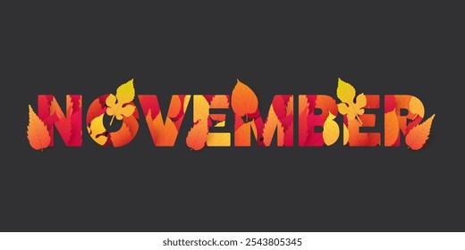 November Typography or Banner Design, Template with Colorful Leaves. Colors:  Red, Orange, Brown on Dark Background