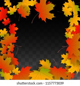 November  Vector Background with Golden Falling Leaves. Autumn Illustration with Maple Red, Orange, Yellow Foliage. Isolated Leaf on Transparent Background. Bright Swirl. Suitable for Banners.
