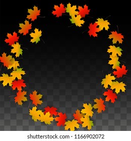 November  Vector Background with Golden Falling Leaves. Autumn Illustration with Maple Red, Orange, Yellow Foliage. Isolated Leaf on Transparent Background. Bright Swirl. Suitable for Posters.