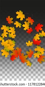 November  Vector Background with Golden Falling Leaves. Autumn Illustration with Maple Red, Orange, Yellow Foliage. Isolated Leaf on Transparent Background. Bright Swirl. Suitable for Posters.