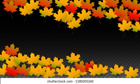 November  Vector Background with Golden Falling Leaves. Autumn Illustration with Maple Red, Orange, Yellow Foliage. Isolated Leaf on Transparent Background. Bright Swirl. Suitable for Cards.