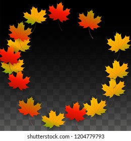 November  Vector Background with Golden Falling Leaves. Autumn Illustration with Maple Red, Orange, Yellow Foliage. Isolated Leaf on Transparent Background. Bright Swirl. Suitable for Posters.
