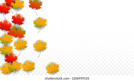 November  Vector Background with Golden Falling Leaves. Autumn Illustration with Maple Red, Orange, Yellow Foliage. Isolated Leaf on Transparent Background. Bright Swirl. Suitable for Banners.