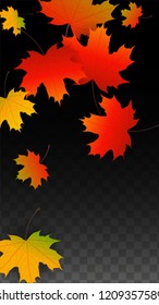 November  Vector Background with Golden Falling Leaves. Autumn Illustration with Maple Red, Orange, Yellow Foliage. Isolated Leaf on Transparent Background. Bright Swirl. Suitable for Banners.