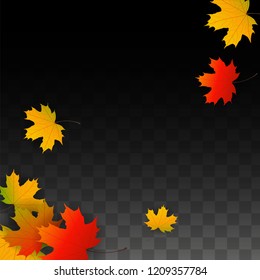 November  Vector Background with Golden Falling Leaves. Autumn Illustration with Maple Red, Orange, Yellow Foliage. Isolated Leaf on Transparent Background. Bright Swirl. Suitable for Posters.