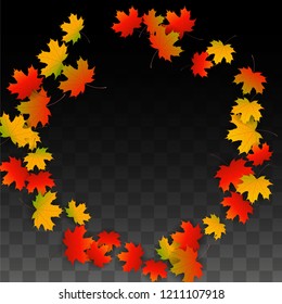 November  Vector Background with Golden Falling Leaves. Autumn Illustration with Maple Red, Orange, Yellow Foliage. Isolated Leaf on Transparent Background. Bright Swirl. Suitable for Cards.