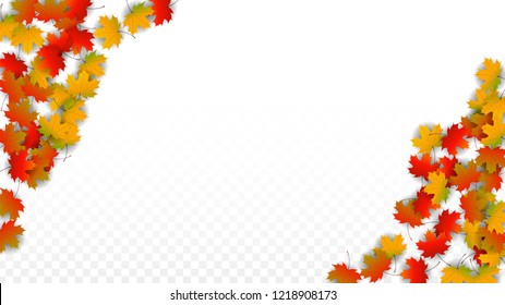 November  Vector Background with Golden Falling Leaves. Autumn Illustration with Maple Red, Orange, Yellow Foliage. Isolated Leaf on Transparent Background. Bright Swirl. Suitable for Cards.