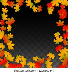 November  Vector Background with Golden Falling Leaves. Autumn Illustration with Maple Red, Orange, Yellow Foliage. Isolated Leaf on Transparent Background. Bright Swirl. Suitable for Flyers.
