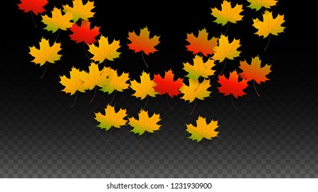 November  Vector Background with Golden Falling Leaves. Autumn Illustration with Maple Red, Orange, Yellow Foliage. Isolated Leaf on Transparent Background. Bright Swirl. Suitable for Banners.