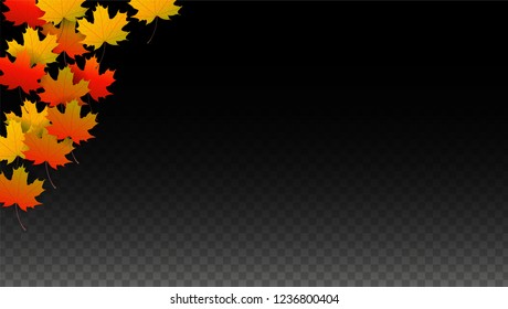 November  Vector Background with Golden Falling Leaves. Autumn Illustration with Maple Red, Orange, Yellow Foliage. Isolated Leaf on Transparent Background. Bright Swirl. Suitable for Covers.