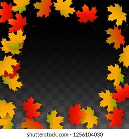 November  Vector Background with Golden Falling Leaves. Autumn Illustration with Maple Red, Orange, Yellow Foliage. Isolated Leaf on Transparent Background. Bright Swirl. Suitable for Flyers.