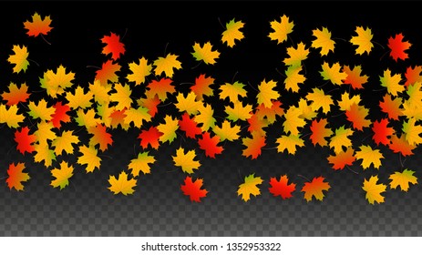 November  Vector Background with Golden Falling Leaves. Autumn Illustration with Maple Red, Orange, Yellow Foliage. Isolated Leaf on Transparent Background. Bright Swirl. Suitable for Flyers.
