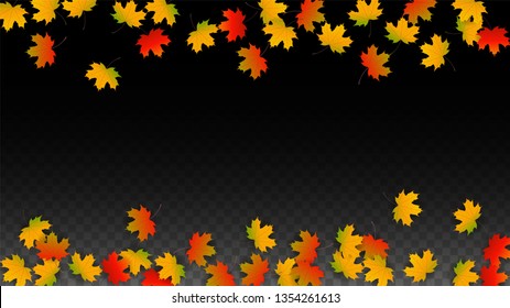 November  Vector Background with Golden Falling Leaves. Autumn Illustration with Maple Red, Orange, Yellow Foliage. Isolated Leaf on Transparent Background. Bright Swirl. Suitable for Cards.