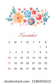 November. Vector calendar template for 2019 year with beautiful composition of embroidery flowers. Week start on sunday. 