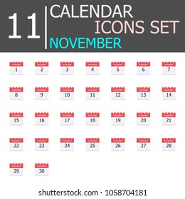 November Vector flat daily calendar icons set. Date and time, day, month. Holiday. Season.