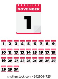November. Vector flat daily calendar set. Icon. day, month, year.
