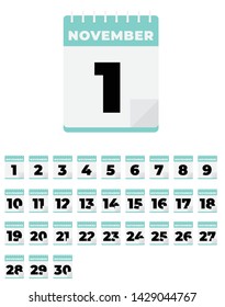 November. Vector flat daily calendar set. Icon. day, month, year.