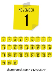 November. Vector flat daily calendar set. Icon. day month year. Yellow sticker