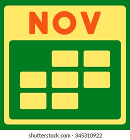 November vector icon. Style is bicolor flat symbol, orange and yellow colors, rounded angles, green background.