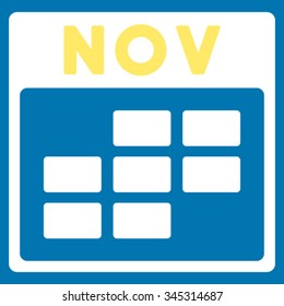 November vector icon. Style is bicolor flat symbol, yellow and white colors, rounded angles, blue background.