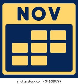 November vector icon. Style is flat symbol, yellow color, rounded angles, blue background.