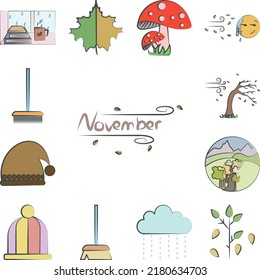November windy colored hand drawn icon in a collection with other items