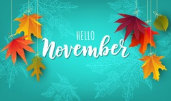 November Word. Hand Lettering Typography With Autumn Leaves. Vector Illustration As Poster, Postcard, Greeting Card, Invitation Template. Concept November Advertising